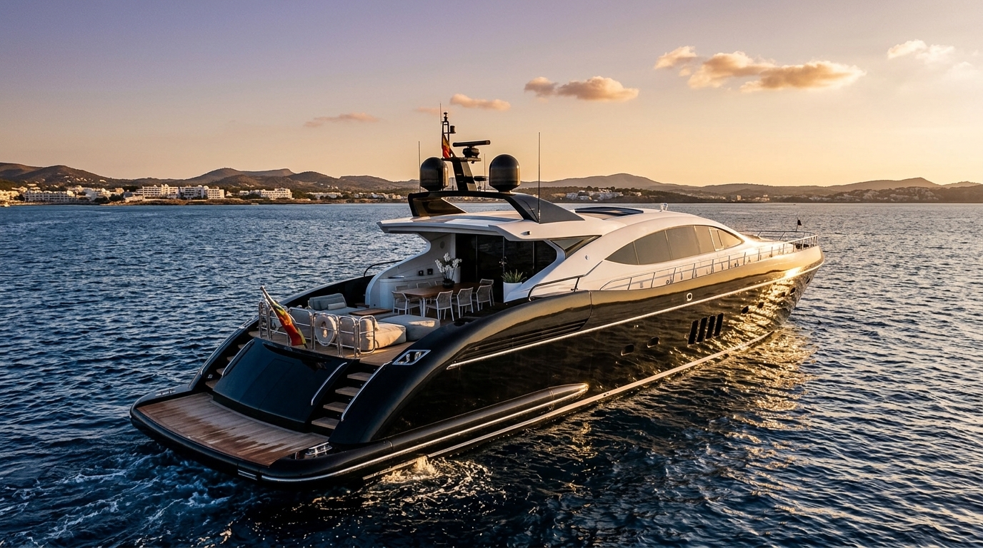 Mangusta 130 superyacht cutting across Ibiza waters
