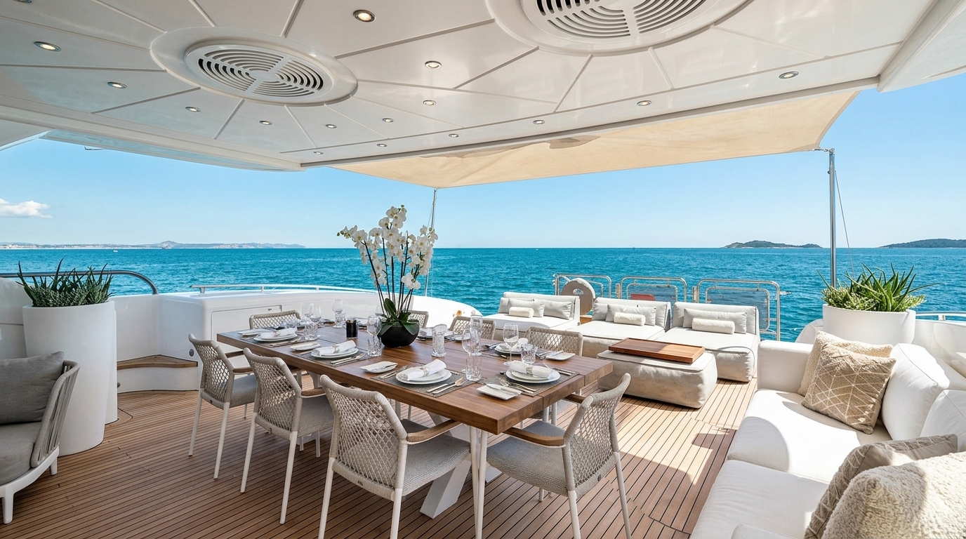 Elegant onboard dining and sun deck prepared for a luxury charter