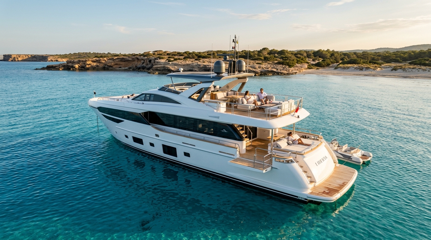Private yacht anchored near Formentera in golden Mediterranean light