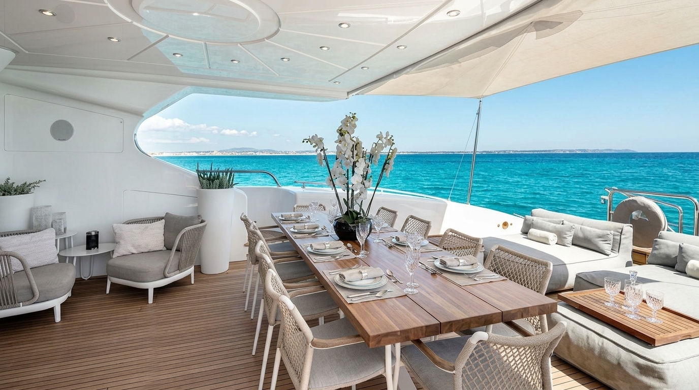 MANGUSTA 130 aft dining and deck lounge