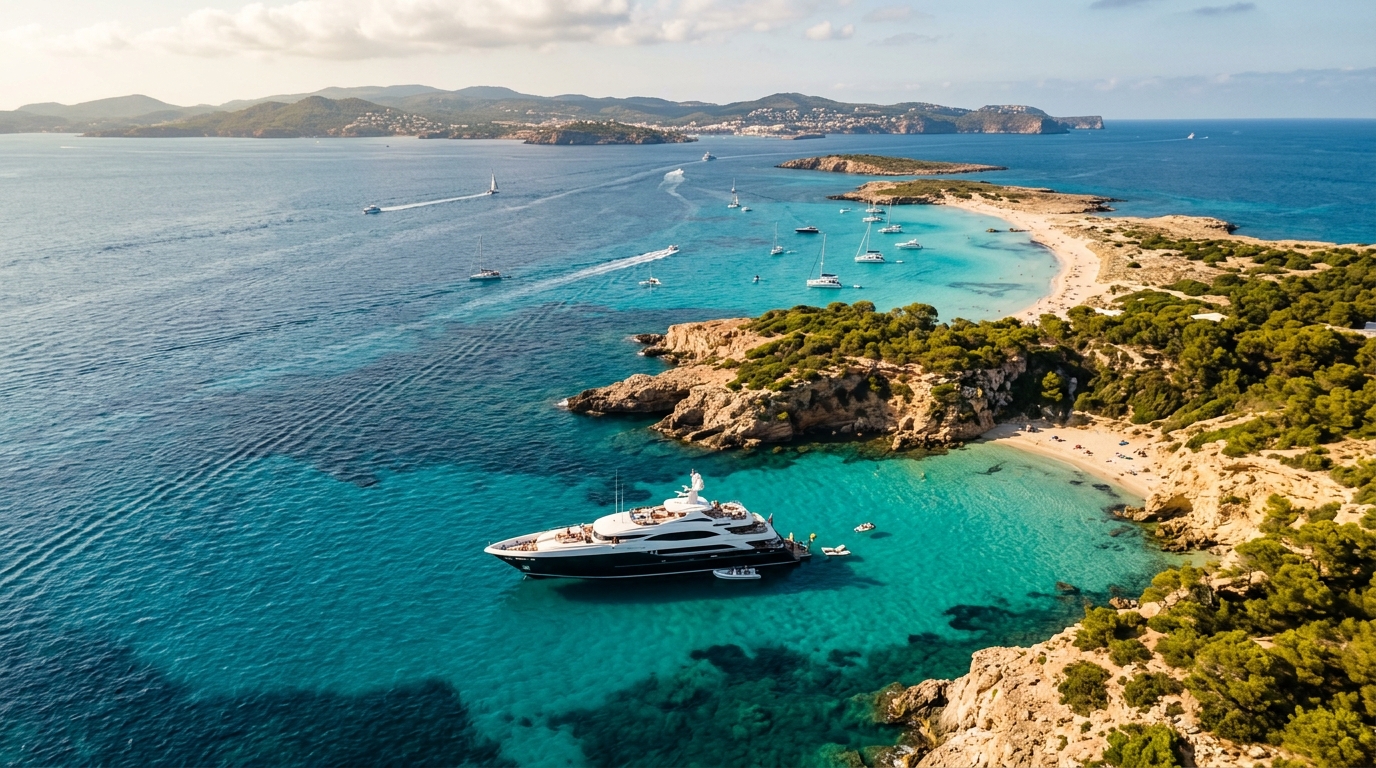 A luxury yacht route between Ibiza and Formentera with clear turquoise water